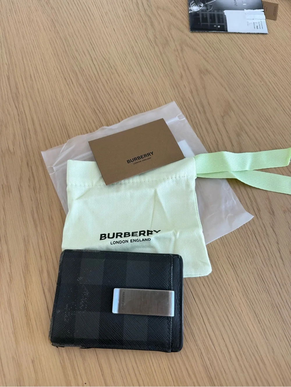 Burberry Black Check Leather Money Clip Wallet with Silver Clip